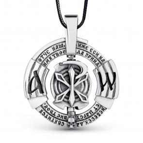 Православная подвеска из черненого серебра на текстильном шнурке Иордань Б-П-556 Хризма/Отче наш фото